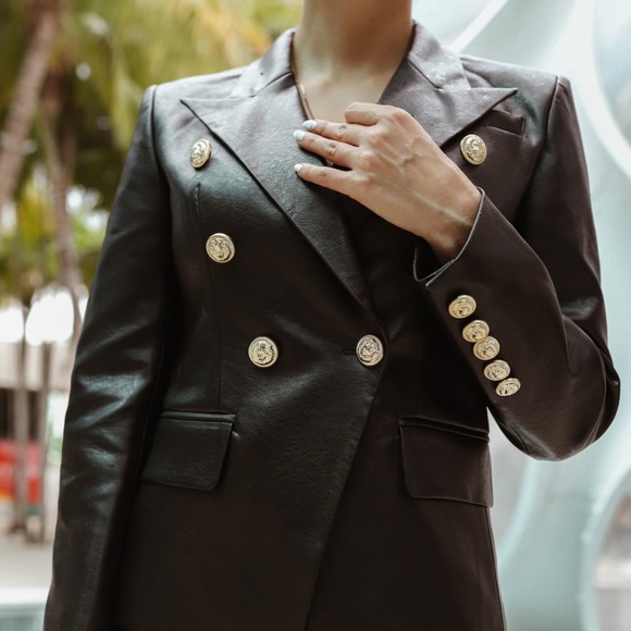 VEGAN LEATHER BUTTON BLAZER JACKET - Picture 9 of 16